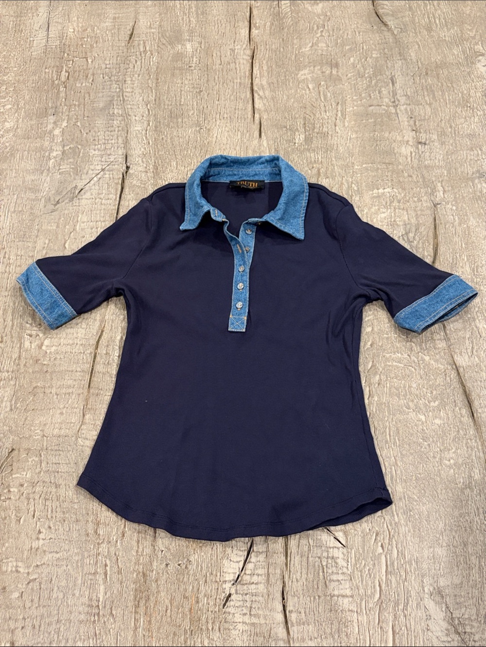 Navy Short-Sleeve Button-Down Top with Light Denim Trim